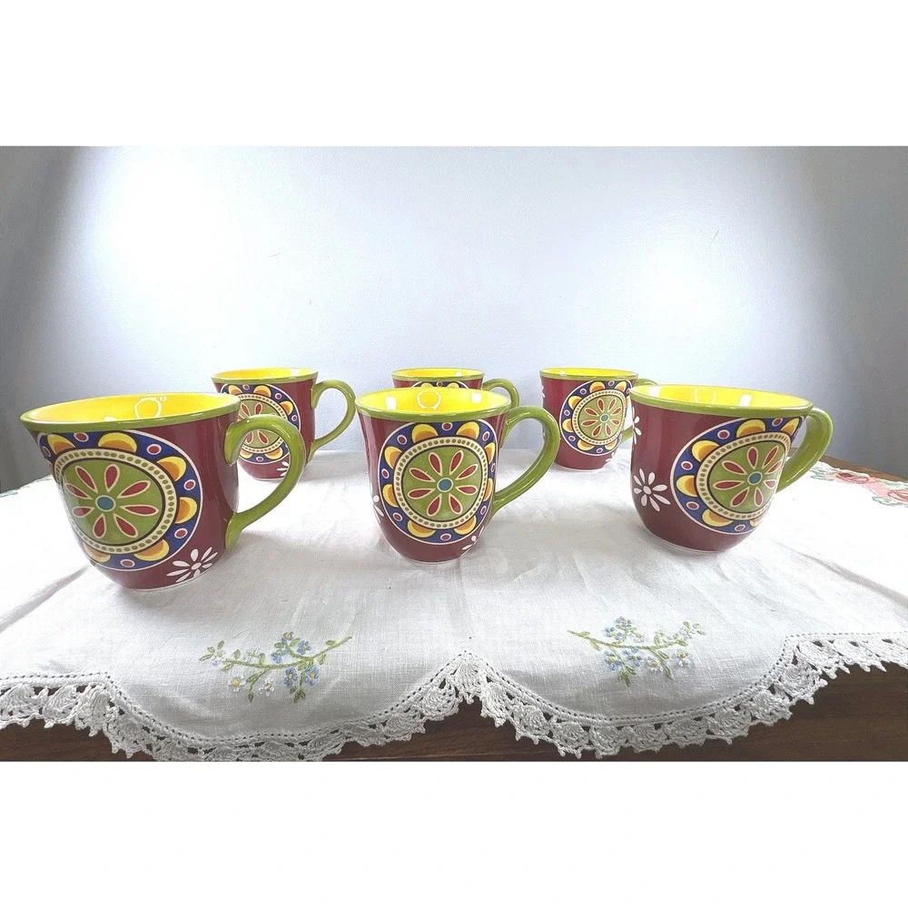 Pier 1 Mexicali Ironstone Mugs Set of 6 Burgundy Floral Boho Coffee Cups